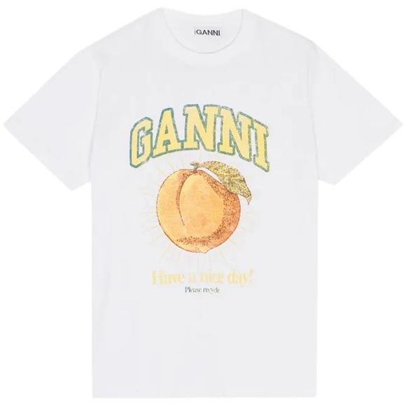 Ganni White T-Shirt | Size S | Peach Graphic Detail - Picture 5 of 7
